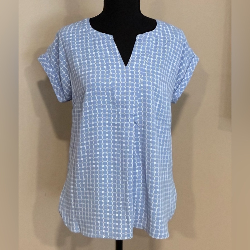 Talbots Periwinkle Blue Geometric Pop Over Blouse
